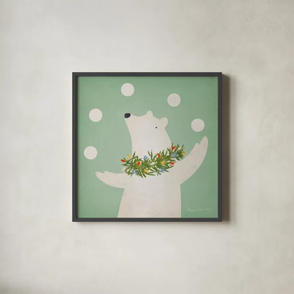 Circus Polar Bear by Ryan Fowler. Shown in a sleek black glass frame for a contemporary gallery look. Available as an archival giclee rolled canvas, fine art paper, or poster print. SKU 74536a.