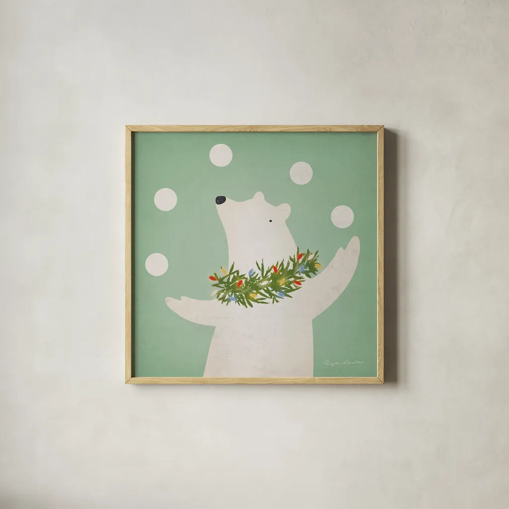 Circus Polar Bear by Ryan Fowler. Shown in a natural wood glass frame for a timeless modern aesthetic. Available as an archival giclee rolled canvas, fine art paper, or poster print. SKU 74536a.