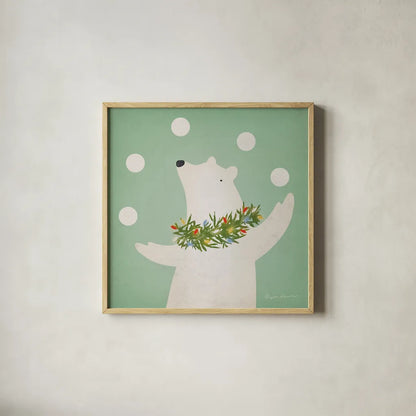 Circus Polar Bear by Ryan Fowler. Shown in a natural wood glass frame for a timeless modern aesthetic. Available as an archival giclee rolled canvas, fine art paper, or poster print. SKU 74536a.