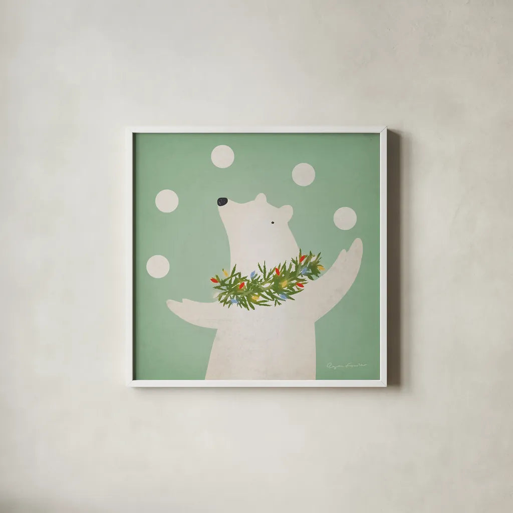 Circus Polar Bear by Ryan Fowler. Shown in a crisp white glass frame for a clean and minimalist style. Available as an archival giclee rolled canvas, fine art paper, or poster print. SKU 74536a.