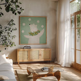 Circus Polar Bear by Ryan Fowler. Shown in a natural wood frame in a cozy modern living room. Available as an archival giclee rolled canvas, fine art paper, or poster print. SKU 74536a.