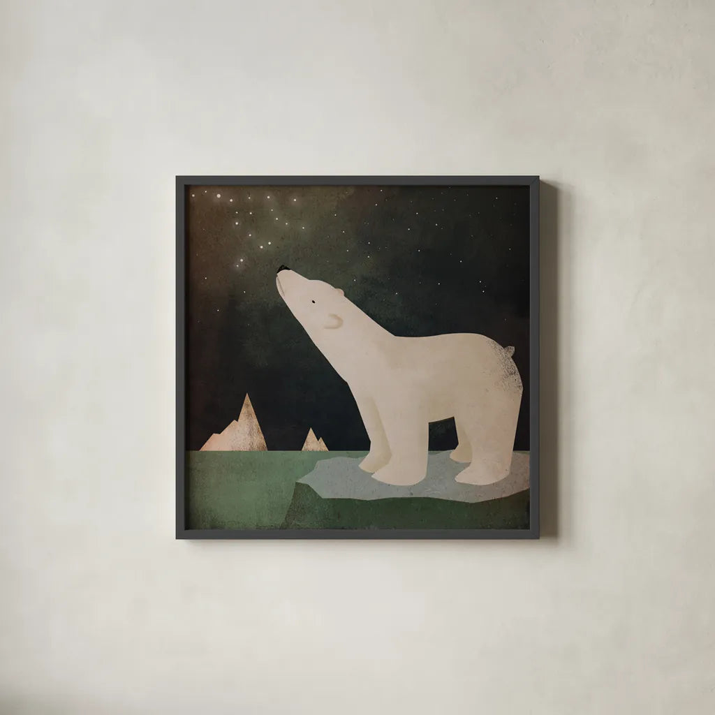 Constellations Polar Bear by Ryan Fowler. Shown in a sleek black glass frame for a contemporary gallery look. Available as an archival giclee rolled canvas, fine art paper, or poster print. SKU 12353a.