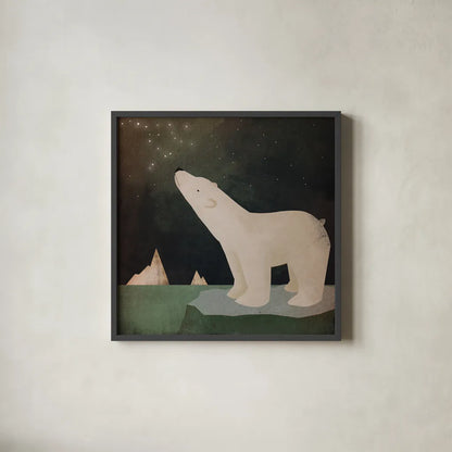 Constellations Polar Bear by Ryan Fowler. Shown in a sleek black glass frame for a contemporary gallery look. Available as an archival giclee rolled canvas, fine art paper, or poster print. SKU 12353a.