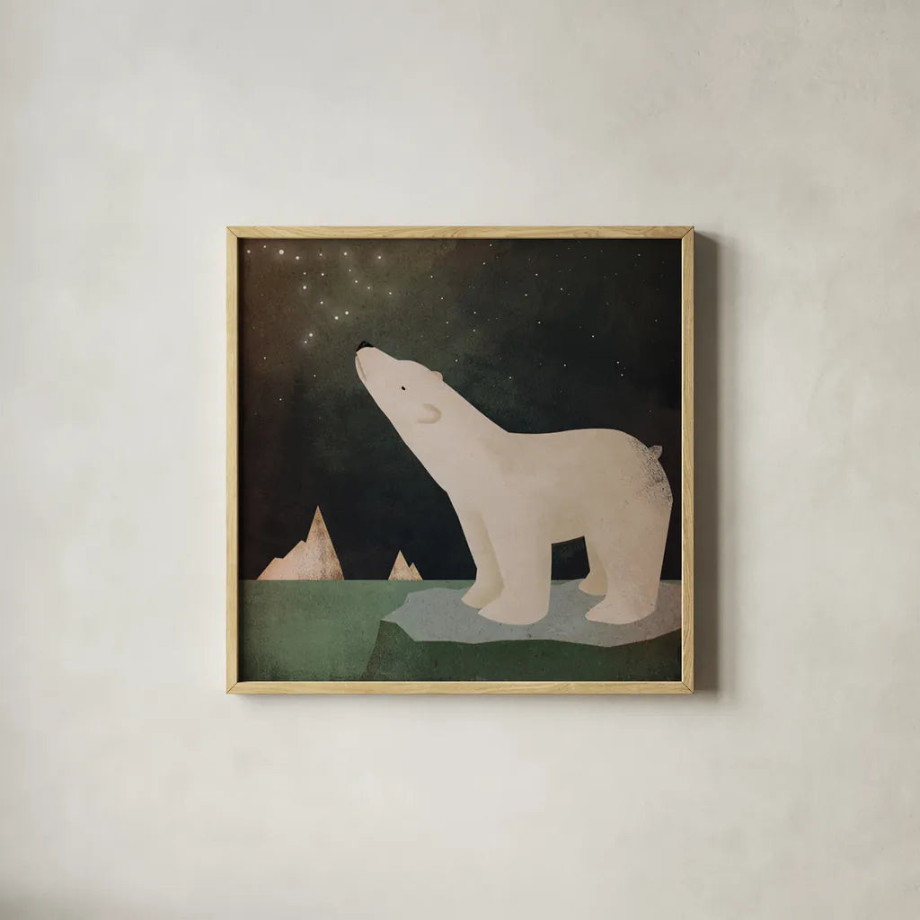Constellations Polar Bear by Ryan Fowler. Shown in a natural wood glass frame for a timeless modern aesthetic. Available as an archival giclee rolled canvas, fine art paper, or poster print. SKU 12353a.