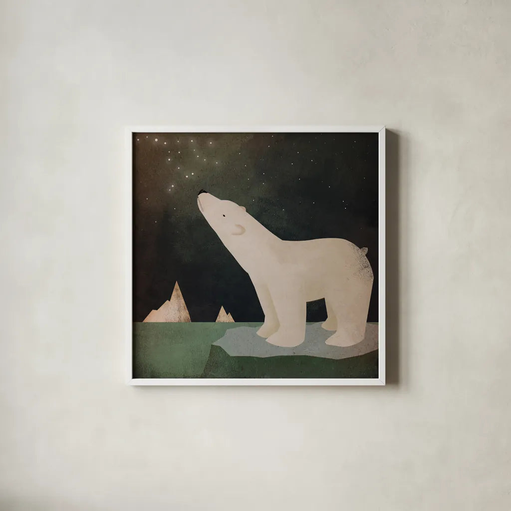 Constellations Polar Bear by Ryan Fowler. Shown in a crisp white glass frame for a clean and minimalist style. Available as an archival giclee rolled canvas, fine art paper, or poster print. SKU 12353a.