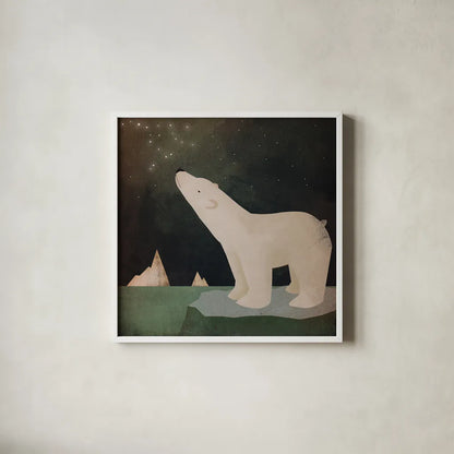 Constellations Polar Bear by Ryan Fowler. Shown in a crisp white glass frame for a clean and minimalist style. Available as an archival giclee rolled canvas, fine art paper, or poster print. SKU 12353a.