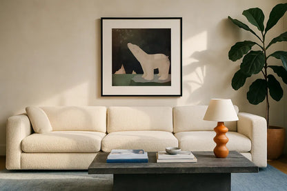Constellations Polar Bear by Ryan Fowler. Displayed in a glass frame with matte in a clean modern living room. Available as an archival giclee rolled canvas, fine art paper, or poster print. SKU 12353a.