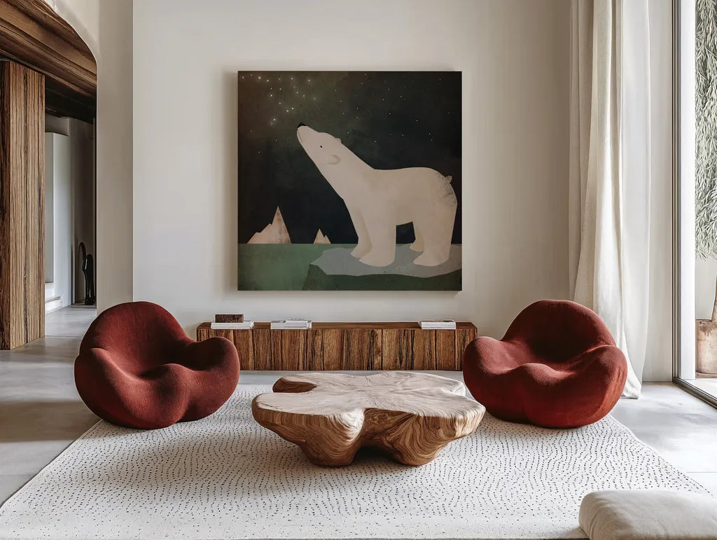 Constellations Polar Bear by Ryan Fowler. Shown as extra-large giant wall art in a modern living room. Available as an archival giclee rolled canvas, fine art paper, or poster print. SKU 12353a.