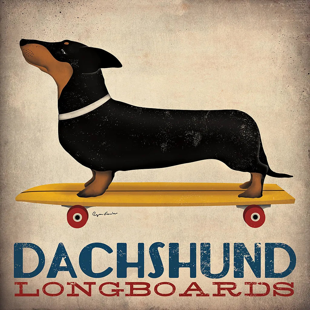 Dachshund Longboards by Ryan Fowler. SKU 13221a. Archival Giclee Fine art print for wall decor.