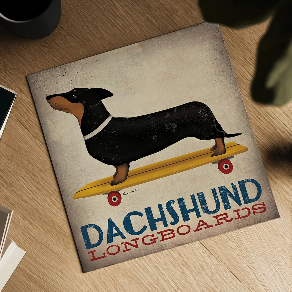 Dachshund Longboards by Ryan Fowler. Shown as a detailed flat fine art print, highlighting archival giclee quality. Available as an archival giclee rolled canvas, fine art paper, or poster print. SKU 13221a.