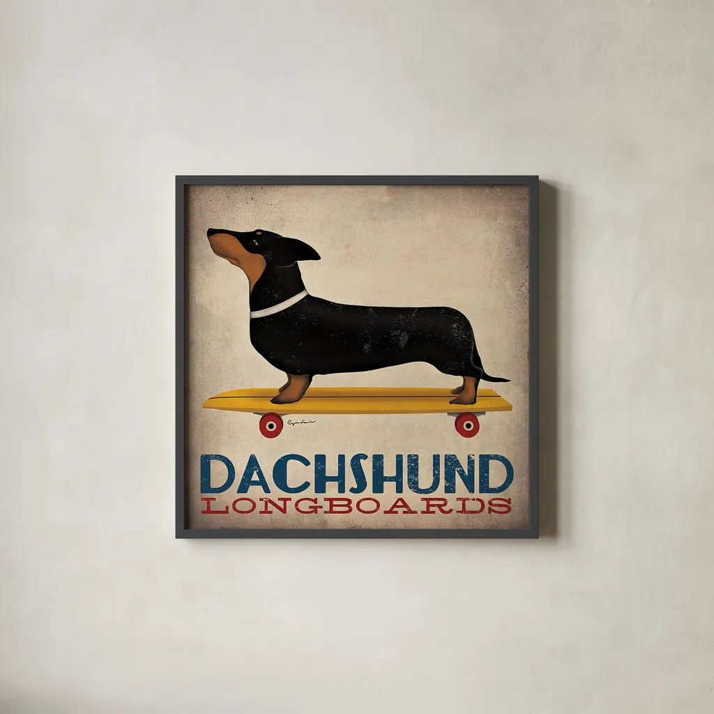 Dachshund Longboards by Ryan Fowler. Shown in a sleek black glass frame for a contemporary gallery look. Available as an archival giclee rolled canvas, fine art paper, or poster print. SKU 13221a.