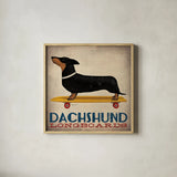 Dachshund Longboards by Ryan Fowler. Shown in a natural wood glass frame for a timeless modern aesthetic. Available as an archival giclee rolled canvas, fine art paper, or poster print. SKU 13221a.