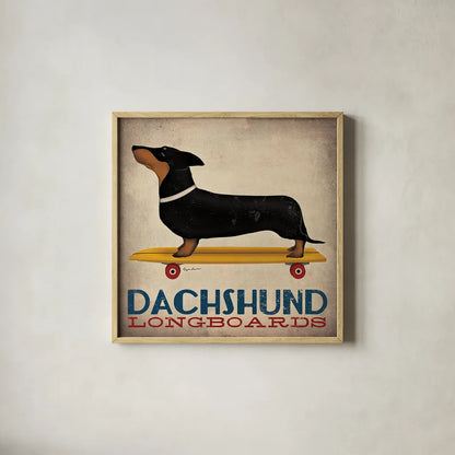 Dachshund Longboards by Ryan Fowler. Shown in a natural wood glass frame for a timeless modern aesthetic. Available as an archival giclee rolled canvas, fine art paper, or poster print. SKU 13221a.