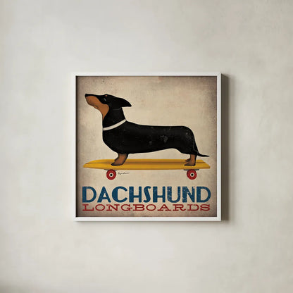 Dachshund Longboards by Ryan Fowler. Shown in a crisp white glass frame for a clean and minimalist style. Available as an archival giclee rolled canvas, fine art paper, or poster print. SKU 13221a.