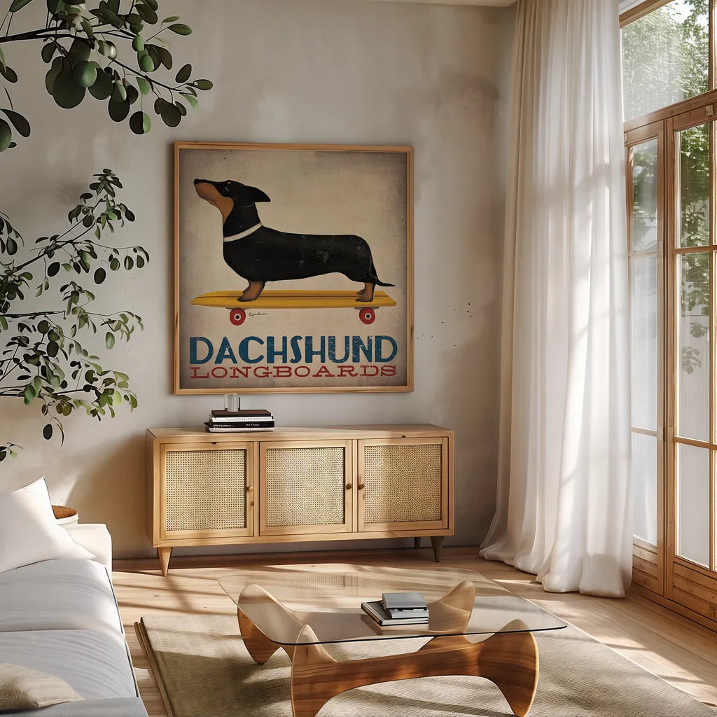 Dachshund Longboards by Ryan Fowler. Shown in a natural wood frame in a cozy modern living room. Available as an archival giclee rolled canvas, fine art paper, or poster print. SKU 13221a.