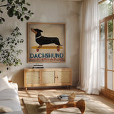 Dachshund Longboards by Ryan Fowler. Shown in a natural wood frame in a cozy modern living room. Available as an archival giclee rolled canvas, fine art paper, or poster print. SKU 13221a.