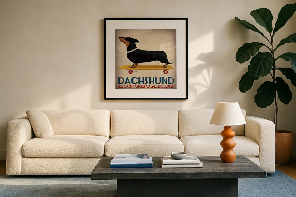 Dachshund Longboards by Ryan Fowler. Displayed in a glass frame with matte in a clean modern living room. Available as an archival giclee rolled canvas, fine art paper, or poster print. SKU 13221a.