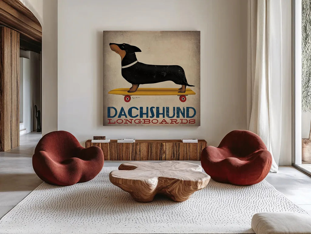 Dachshund Longboards by Ryan Fowler. Shown as extra-large giant wall art in a modern living room. Available as an archival giclee rolled canvas, fine art paper, or poster print. SKU 13221a.