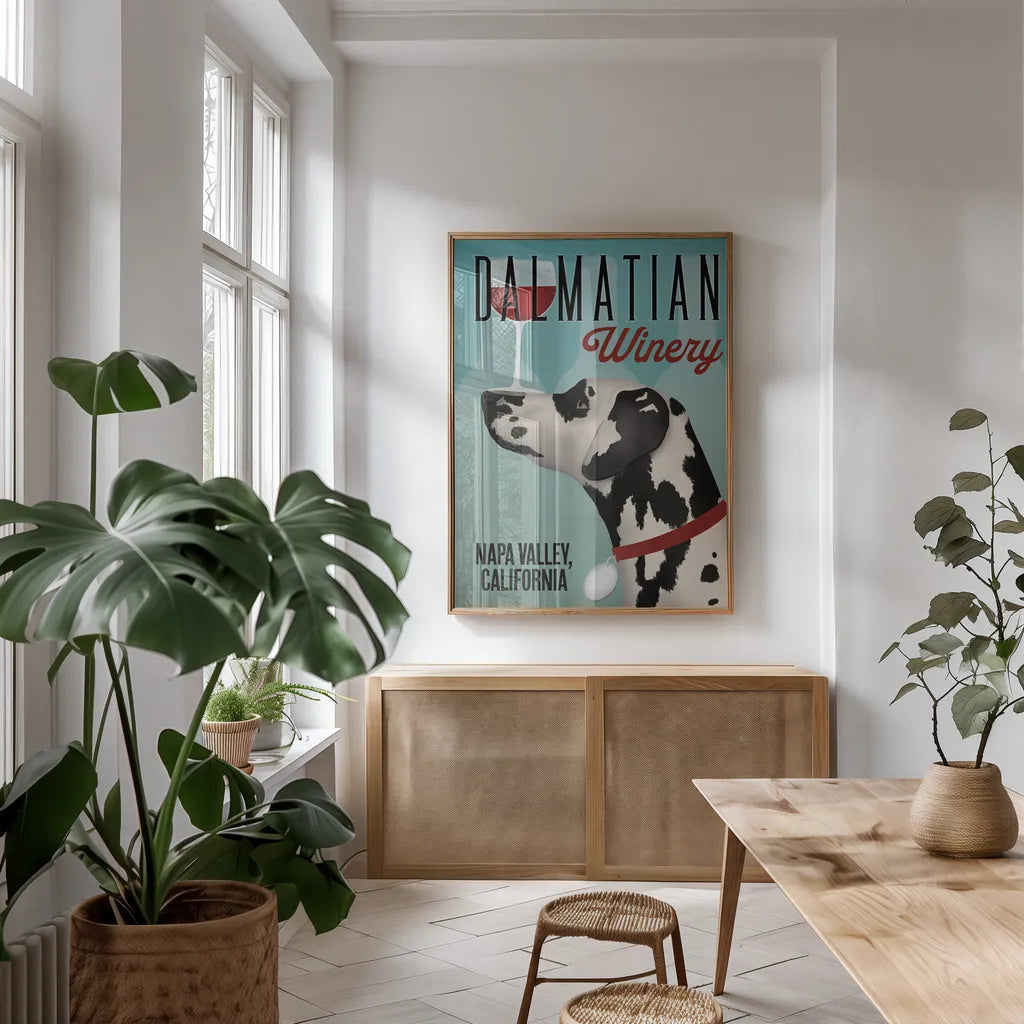 Dalmation Winery by Ryan Fowler. shown as a print in a natural wood frame in a dining room. Available as a archival giclee rolled canvas, fine art paper, or poster print. SKU 79511h.