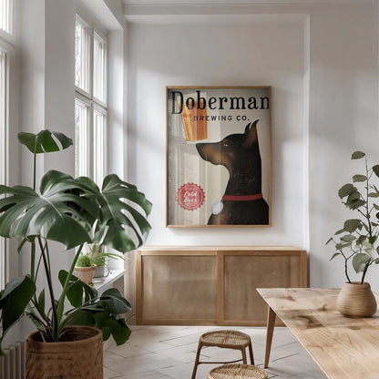 Doberman Brewing Company by Ryan Fowler. shown as a print in a natural wood frame in a dining room. Available as a archival giclee rolled canvas, fine art paper, or poster print. SKU 22889h.
