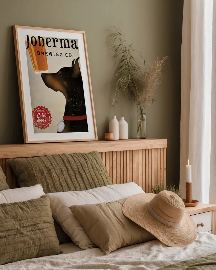 Doberman Brewing Company by Ryan Fowler. shown as a paper print in a natural frame. Available as a archival giclee rolled canvas, fine art paper, or poster print. SKU 22889h.