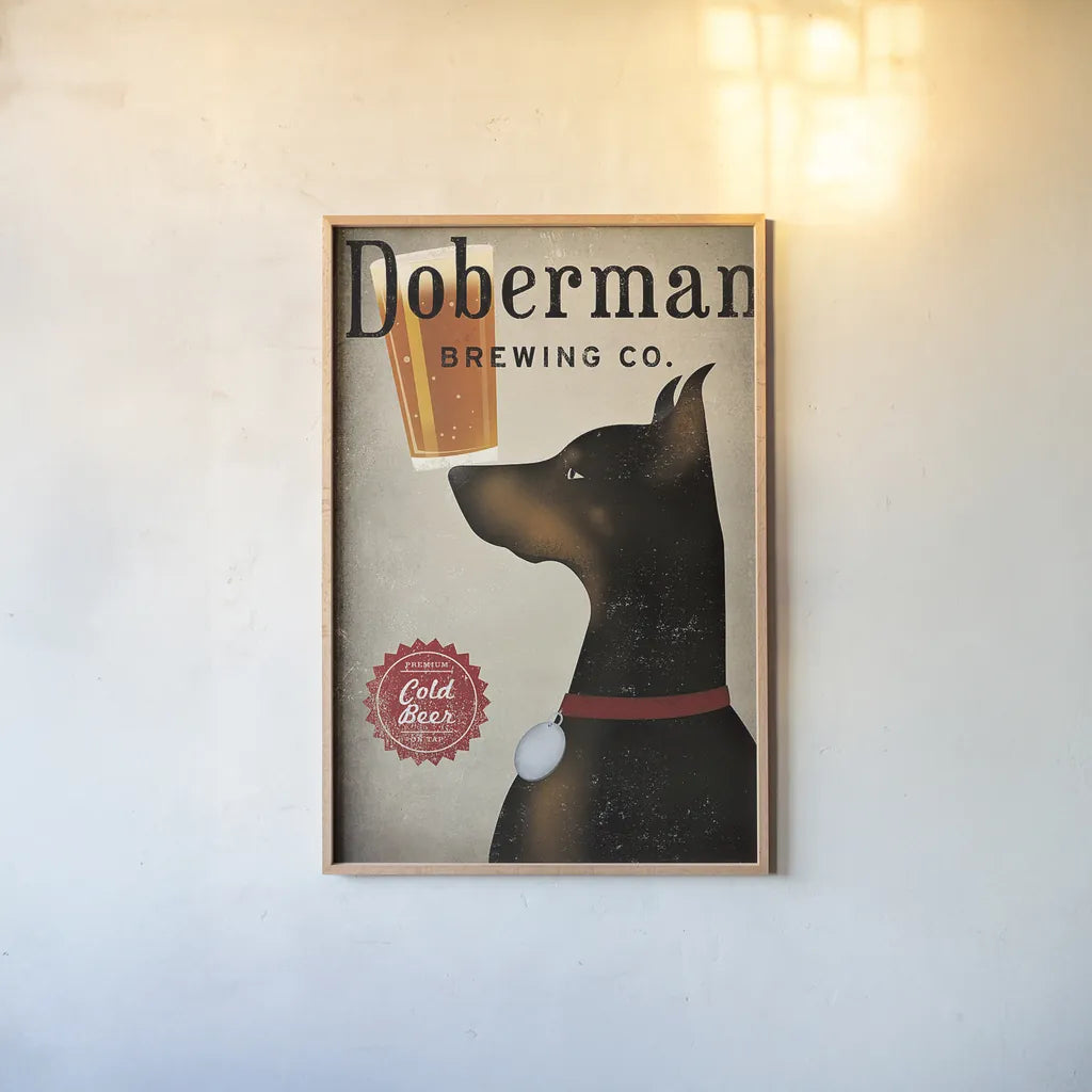 Doberman Brewing Company by Ryan Fowler. shown as a paper print in a natural frame. Available as a archival giclee rolled canvas, fine art paper, or poster print. SKU 22889h.