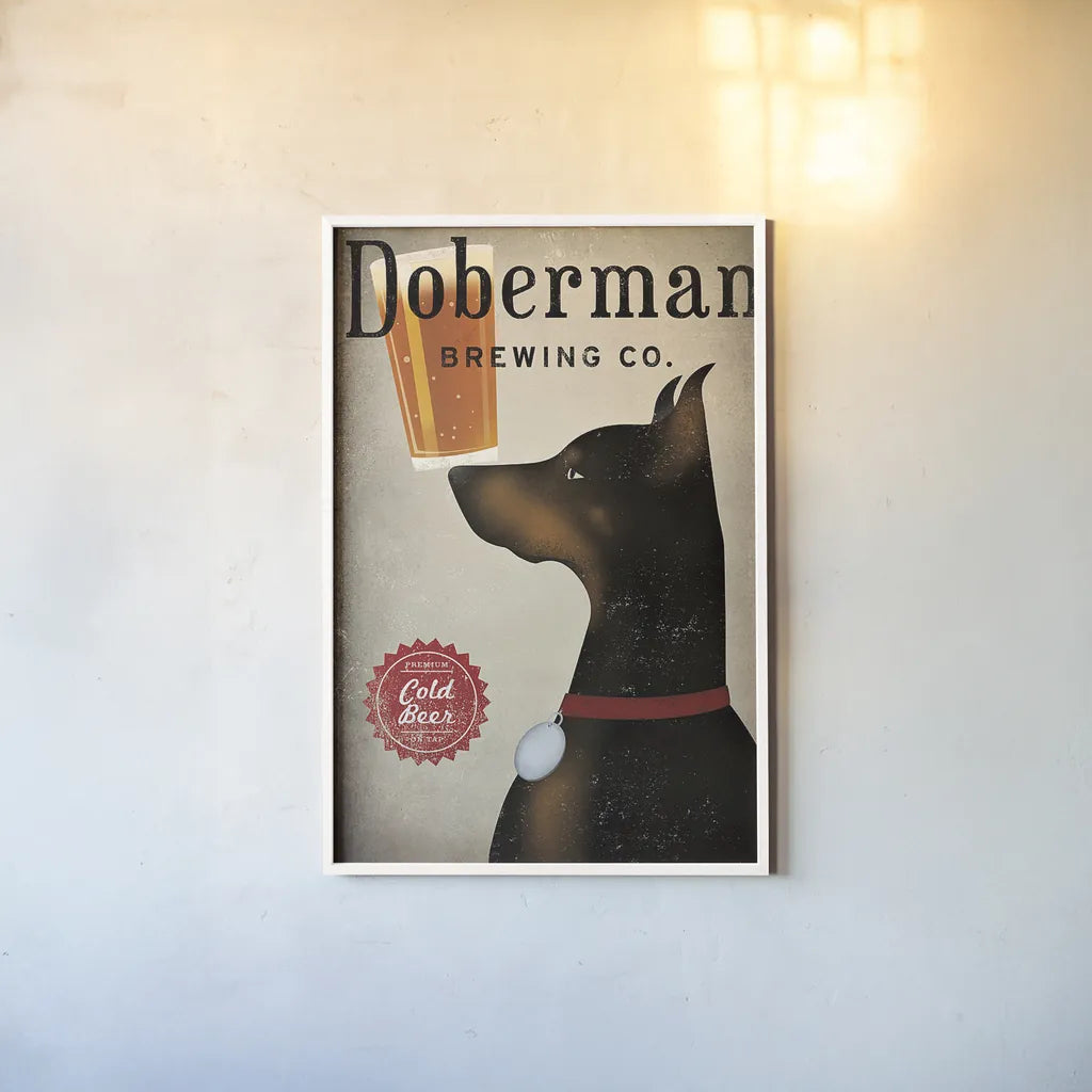 Doberman Brewing Company by Ryan Fowler. shown as a paper print in a white frame. Available as a archival giclee rolled canvas, fine art paper, or poster print. SKU 22889h.