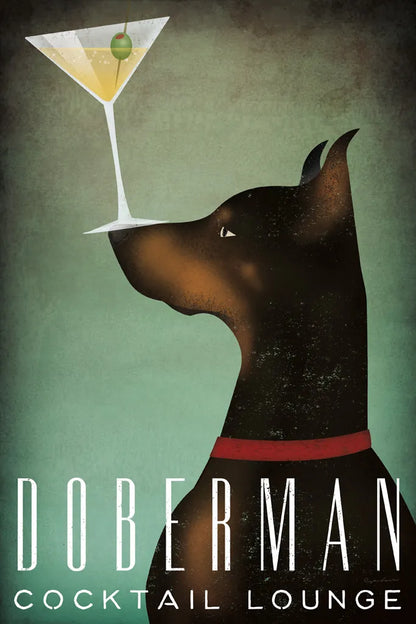 Doberman Martini by Ryan Fowler. SKU 31277h. Archival Giclee Fine art print for wall decor.