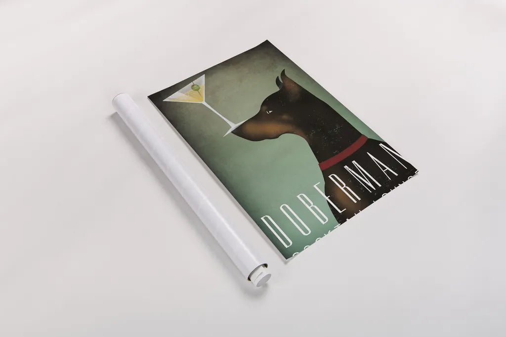 Doberman Martini by Ryan Fowler. shown as a rolled paper print. Available as archival giclee rolled canvas, fine art paper, or poster print. SKU 31277h.