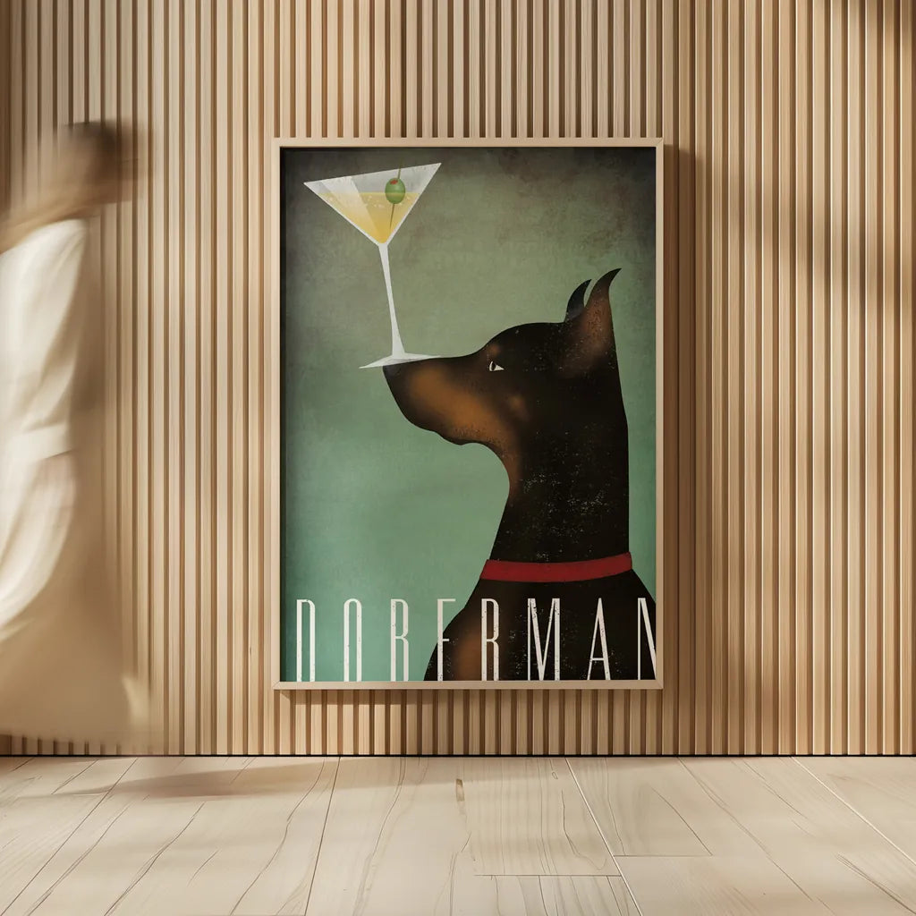 Doberman Martini by Ryan Fowler. shown as over sized large wall art. Available as an archival giclee rolled canvas, fine art paper, or poster print. SKU 31277h.