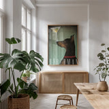 Doberman Martini by Ryan Fowler. shown as a print in a natural wood frame in a dining room. Available as a archival giclee rolled canvas, fine art paper, or poster print. SKU 31277h.