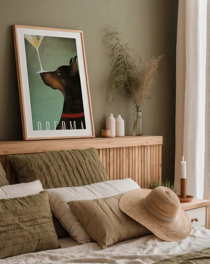 Doberman Martini by Ryan Fowler. shown as a paper print in a natural frame. Available as a archival giclee rolled canvas, fine art paper, or poster print. SKU 31277h.