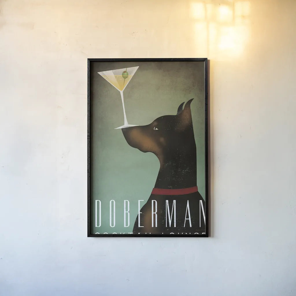 Doberman Martini by Ryan Fowler. shown as a paper print in a black flame. Available as a archival giclee rolled canvas, fine art paper, or poster print. SKU 31277h.