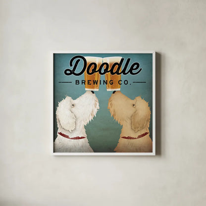 Doodle Beer Double by Ryan Fowler. Shown in a crisp white glass frame for a clean and minimalist style. Available as an archival giclee rolled canvas, fine art paper, or poster print. SKU 16312a.