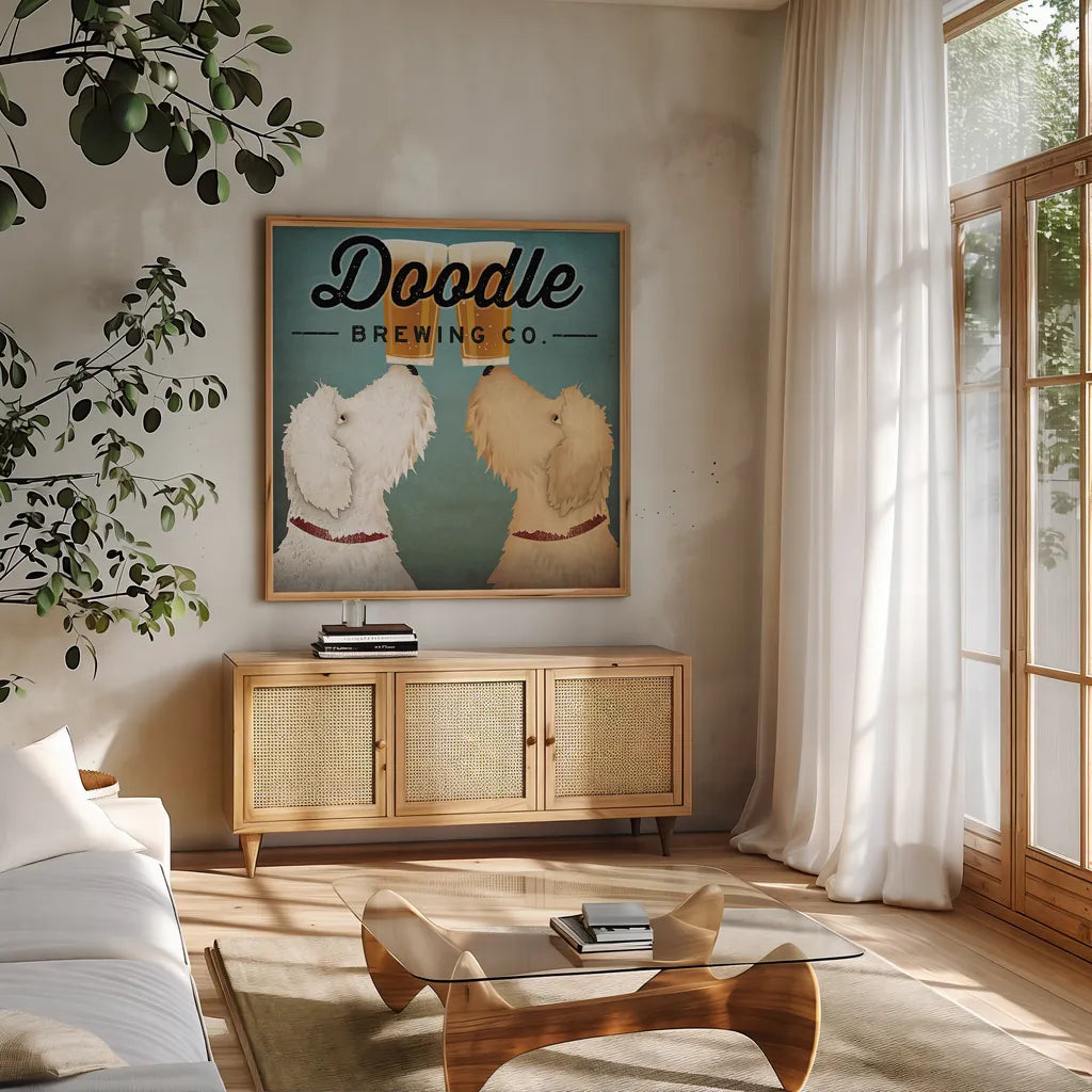 Doodle Beer Double by Ryan Fowler. Shown in a natural wood frame in a cozy modern living room. Available as an archival giclee rolled canvas, fine art paper, or poster print. SKU 16312a.