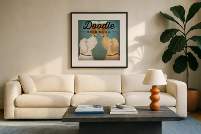 Doodle Beer Double by Ryan Fowler. Displayed in a glass frame with matte in a clean modern living room. Available as an archival giclee rolled canvas, fine art paper, or poster print. SKU 16312a.