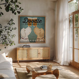 Doodle Beer Double Cambridge MA by Ryan Fowler. Shown in a natural wood frame in a cozy modern living room. Available as an archival giclee rolled canvas, fine art paper, or poster print. SKU 16722a.