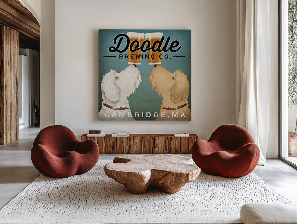 Doodle Beer Double Cambridge MA by Ryan Fowler. Shown as extra-large giant wall art in a modern living room. Available as an archival giclee rolled canvas, fine art paper, or poster print. SKU 16722a.