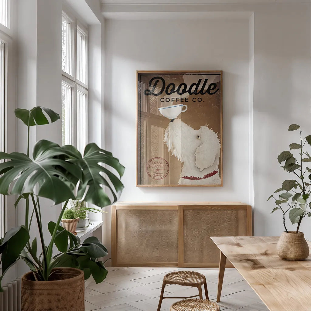 Doodle Coffee by Ryan Fowler. shown as a print in a natural wood frame in a dining room. Available as a archival giclee rolled canvas, fine art paper, or poster print. SKU 16723h.