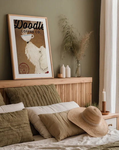 Doodle Coffee by Ryan Fowler. shown as a paper print in a natural frame. Available as a archival giclee rolled canvas, fine art paper, or poster print. SKU 16723h.