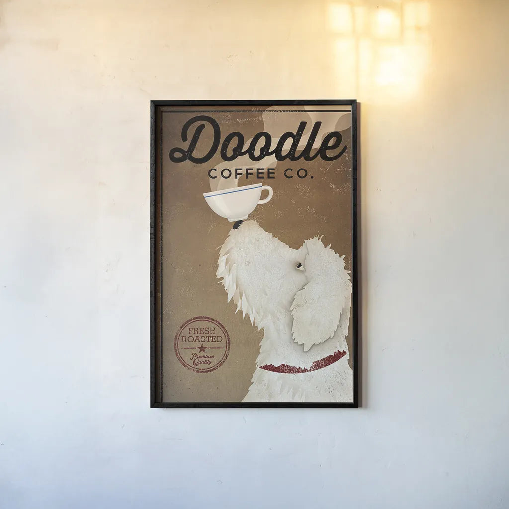Doodle Coffee by Ryan Fowler. shown as a paper print in a black flame. Available as a archival giclee rolled canvas, fine art paper, or poster print. SKU 16723h.