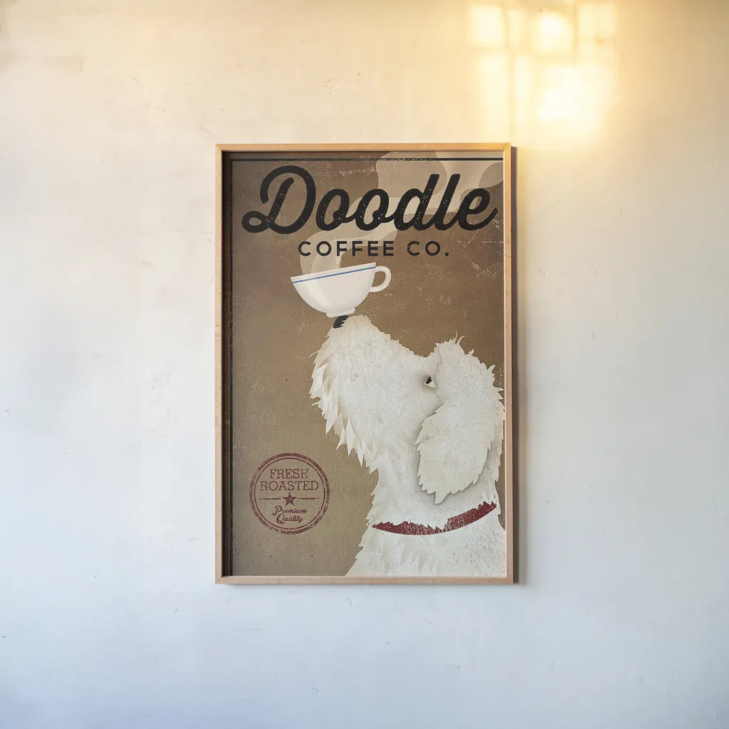 Doodle Coffee by Ryan Fowler. shown as a paper print in a natural frame. Available as a archival giclee rolled canvas, fine art paper, or poster print. SKU 16723h.