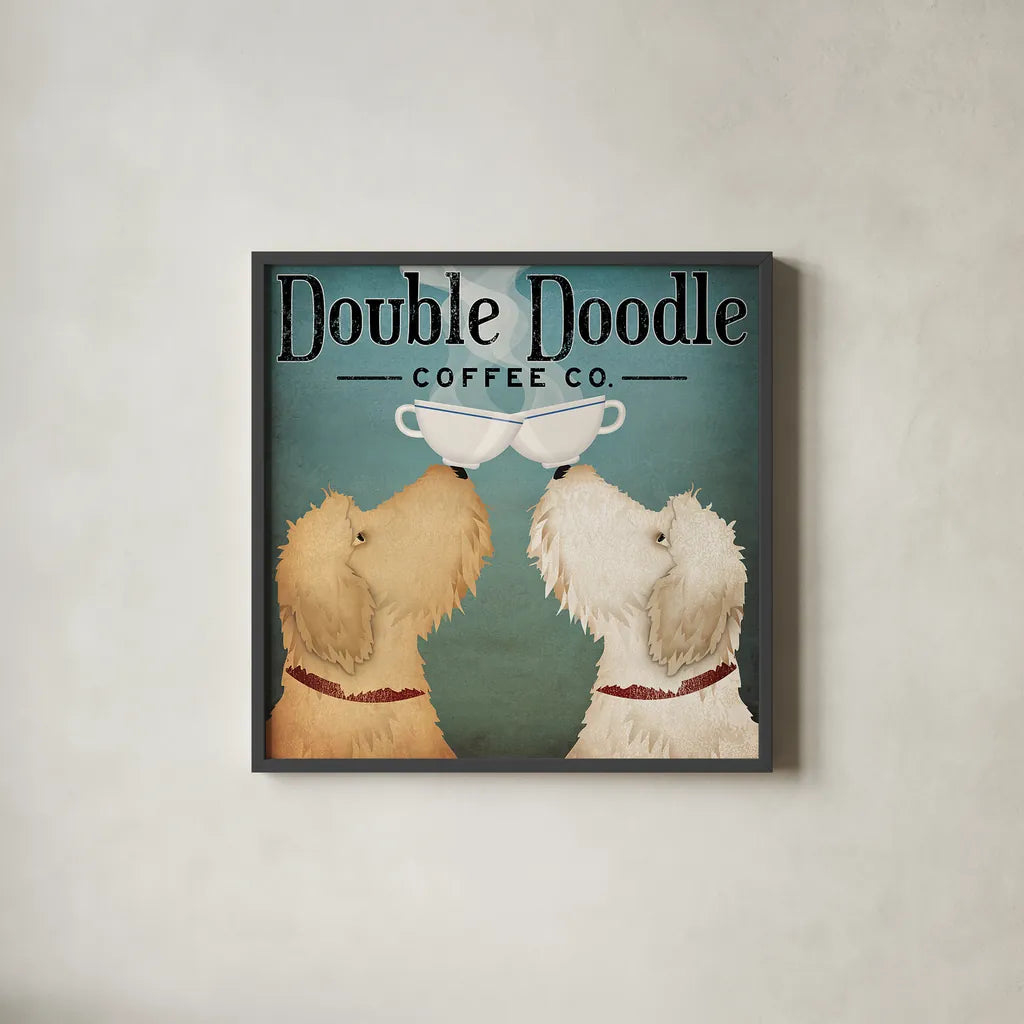 Doodle Coffee Double III by Ryan Fowler. Shown in a sleek black glass frame for a contemporary gallery look. Available as an archival giclee rolled canvas, fine art paper, or poster print. SKU 20942a.