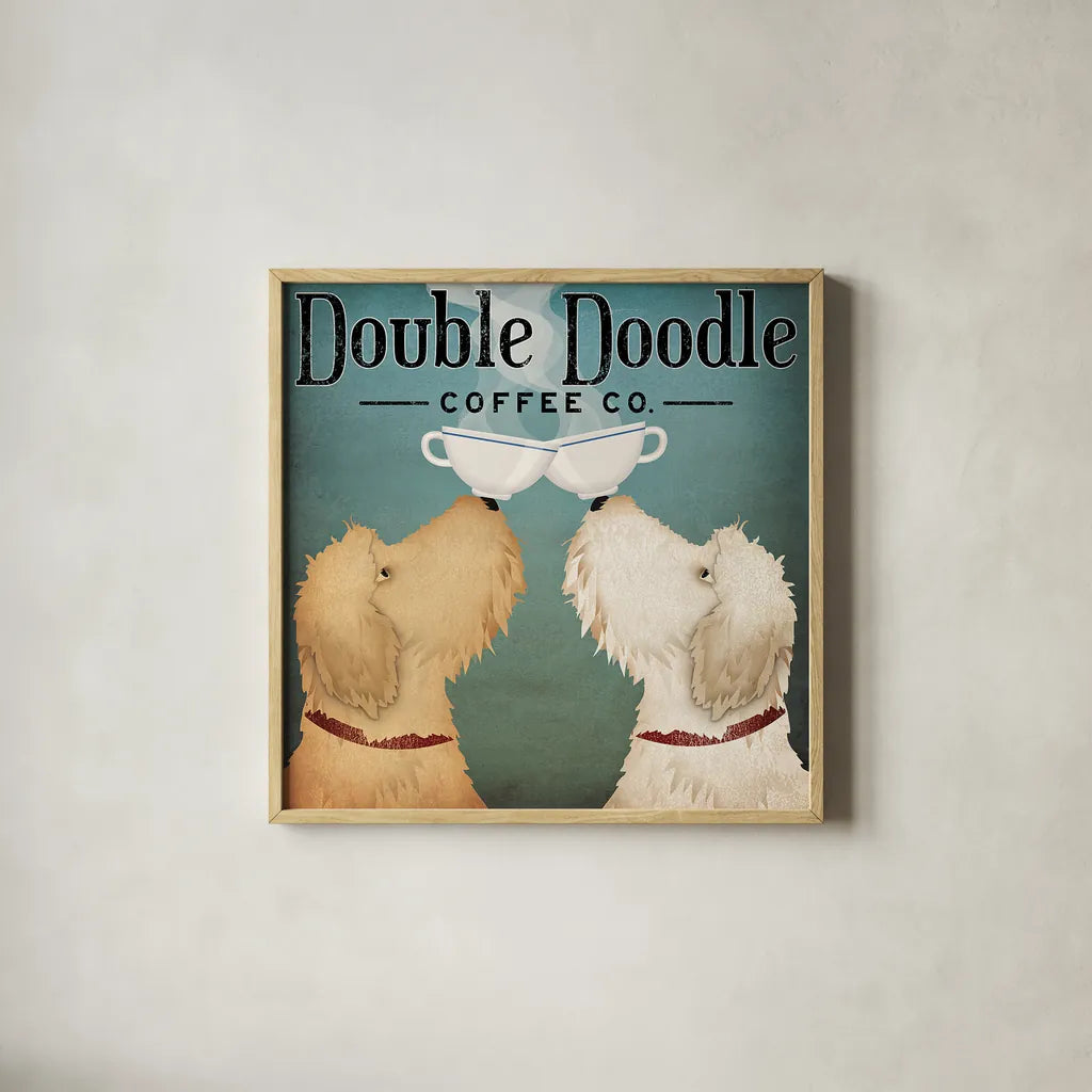 Doodle Coffee Double III by Ryan Fowler. Shown in a natural wood glass frame for a timeless modern aesthetic. Available as an archival giclee rolled canvas, fine art paper, or poster print. SKU 20942a.
