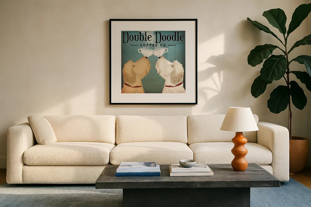 Doodle Coffee Double III by Ryan Fowler. Displayed in a glass frame with matte in a clean modern living room. Available as an archival giclee rolled canvas, fine art paper, or poster print. SKU 20942a.