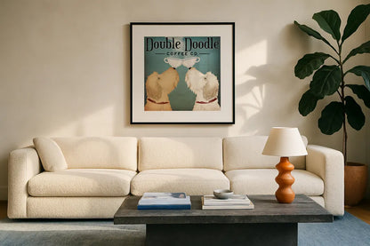 Doodle Coffee Double III by Ryan Fowler. Displayed in a glass frame with matte in a clean modern living room. Available as an archival giclee rolled canvas, fine art paper, or poster print. SKU 20942a.