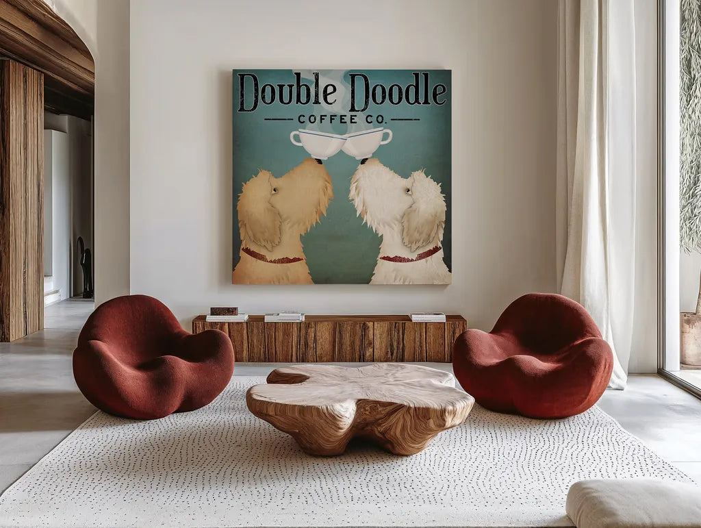 Doodle Coffee Double III by Ryan Fowler. Shown as extra-large giant wall art in a modern living room. Available as an archival giclee rolled canvas, fine art paper, or poster print. SKU 20942a.