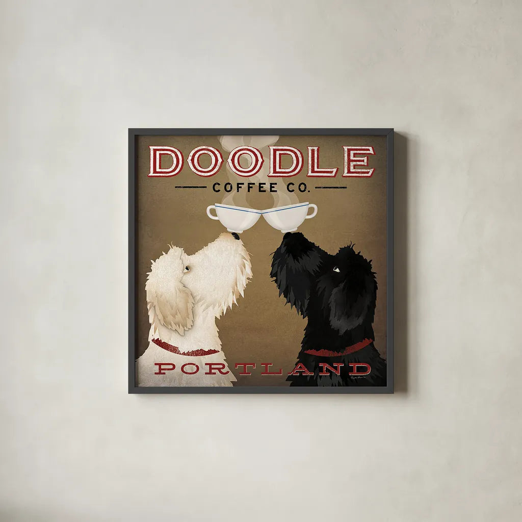 Doodle Coffee Double IV Portland by Ryan Fowler. Shown in a sleek black glass frame for a contemporary gallery look. Available as an archival giclee rolled canvas, fine art paper, or poster print. SKU 24645a.