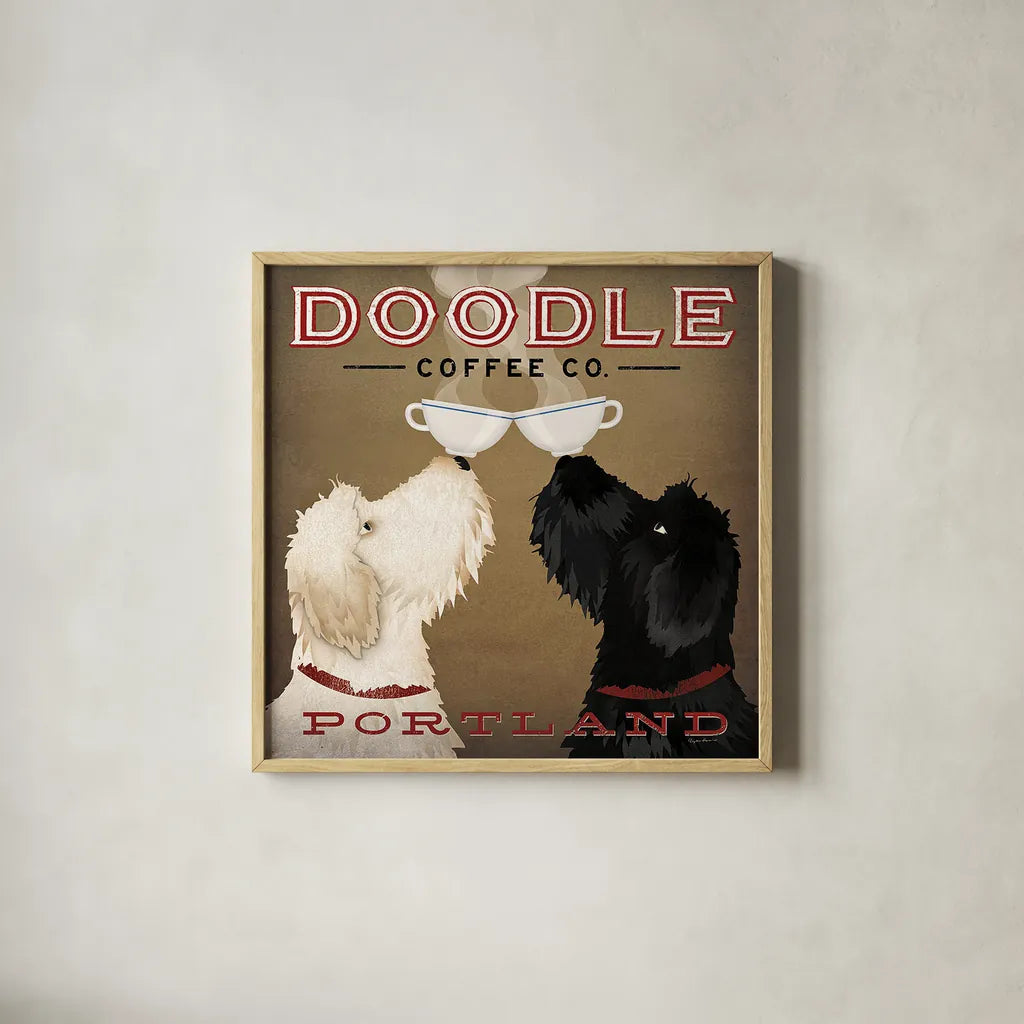 Doodle Coffee Double IV Portland by Ryan Fowler. Shown in a natural wood glass frame for a timeless modern aesthetic. Available as an archival giclee rolled canvas, fine art paper, or poster print. SKU 24645a.