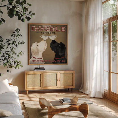 Doodle Coffee Double IV Portland by Ryan Fowler. Shown in a natural wood frame in a cozy modern living room. Available as an archival giclee rolled canvas, fine art paper, or poster print. SKU 24645a.